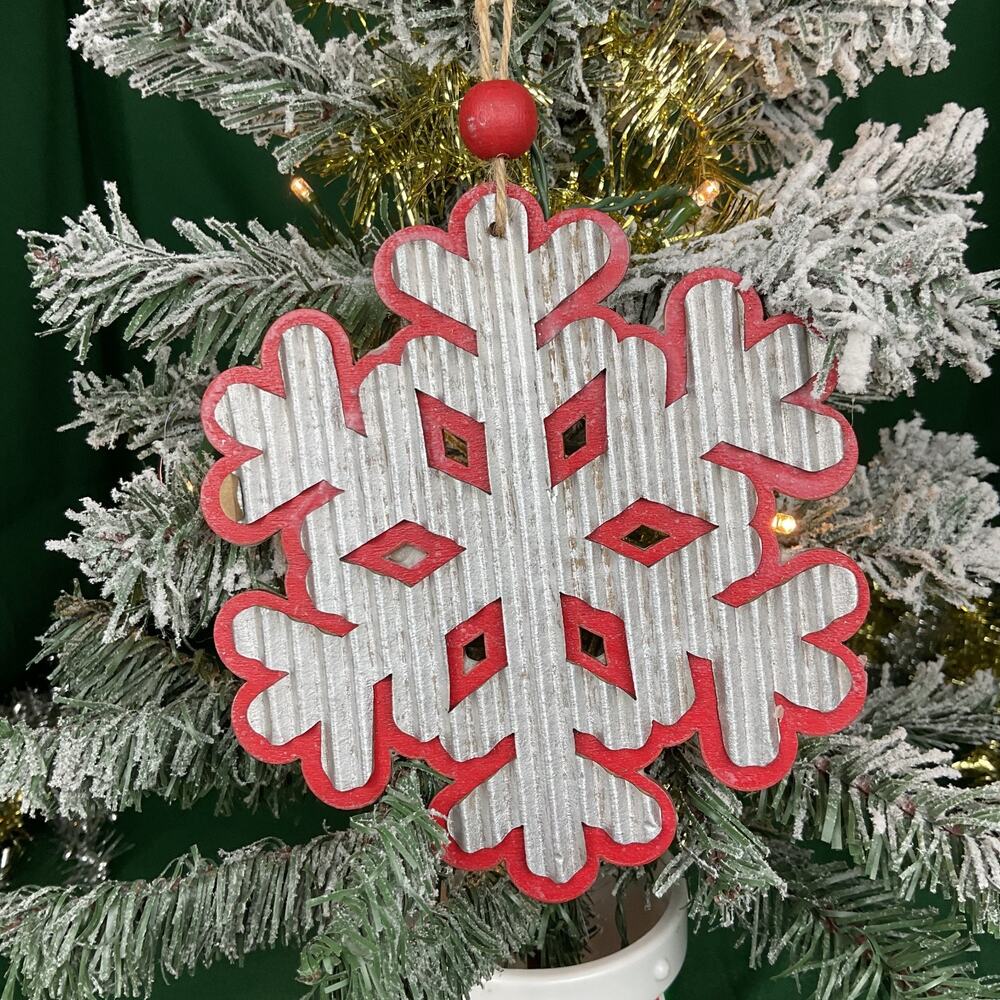 Sullivans Silver & Red Wood Snowflake Christmas Ornament